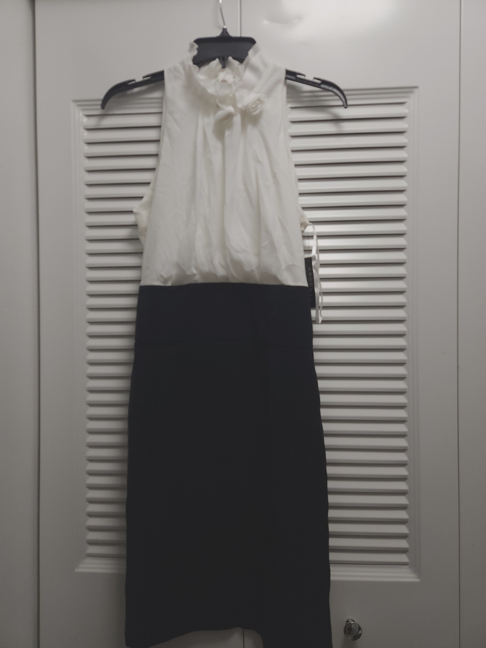 Argenti Women's Colorblock Sleeveless Mock Neck Sheath Dress – White & Navy 6